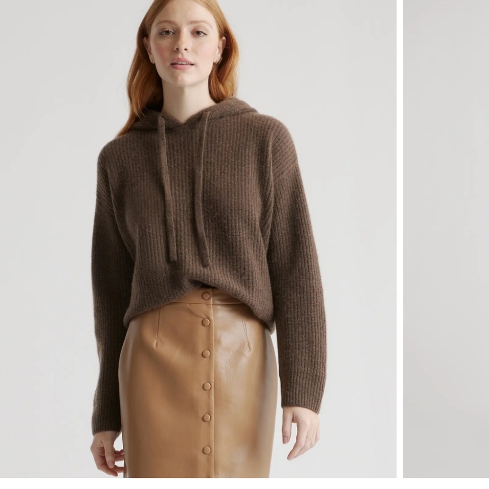 Quince Mongolian Cashmere Fisherman Pullover Hoodie in Brown M